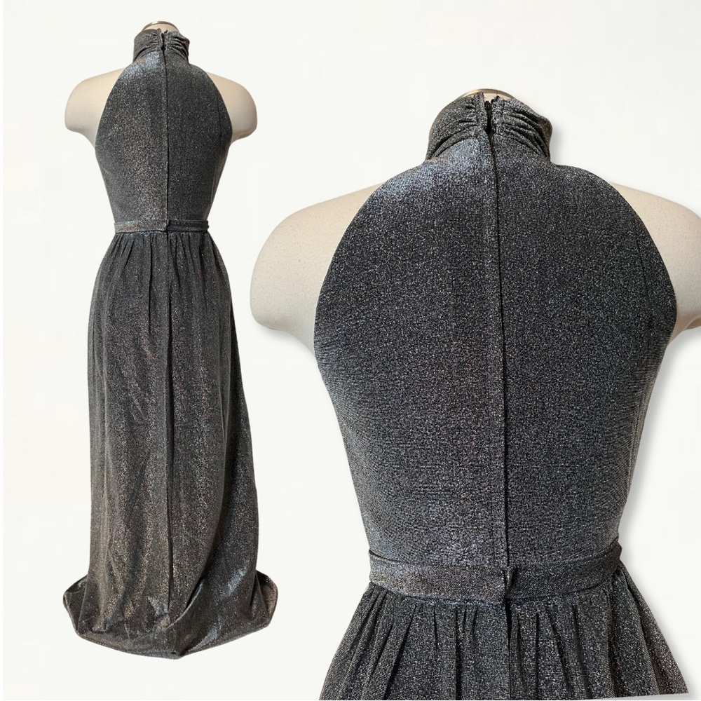 Vintage 1970s Silver Metallic Studio 54 Keyhole Jewel Belted Halter Maxi Dress - Picture 9 of 15